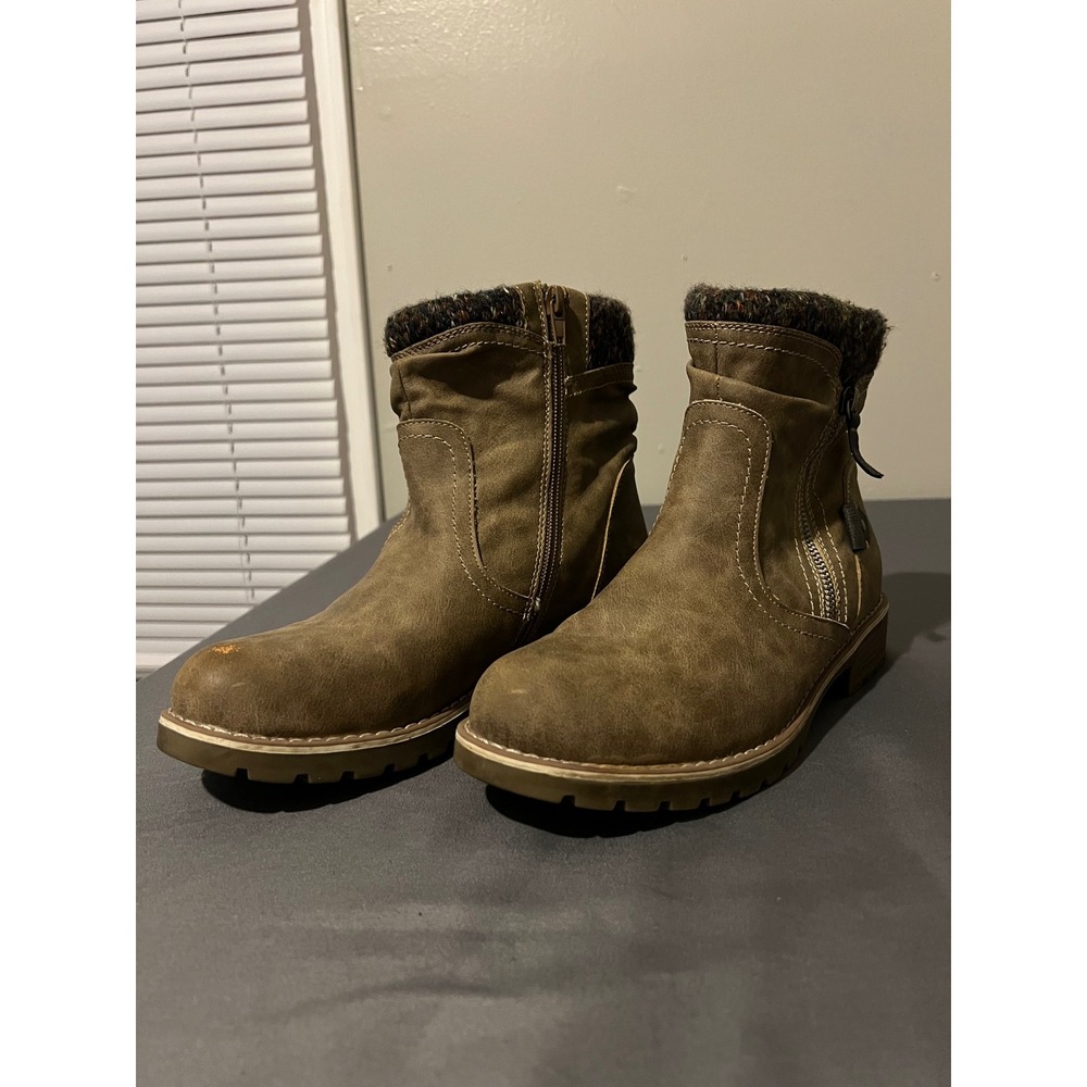 Patrizia Olive Brown Faux Suede Ankle Boots with Knit Sweater Cuff Size 9‎